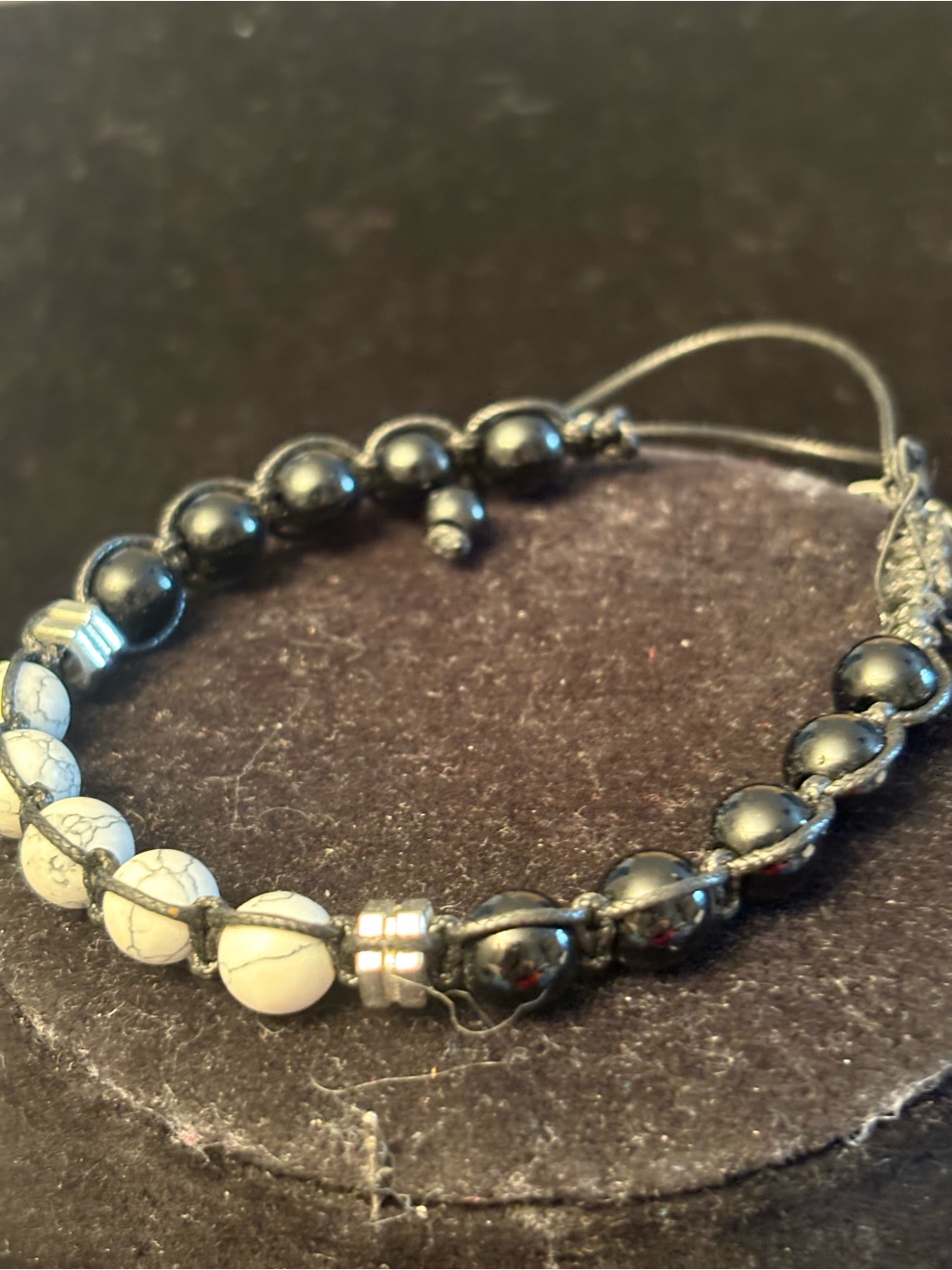 Hand-Knotted Black & White Bead Bracelet - Women Or Mens Adjustable Jewelry